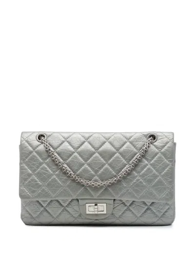 Pre-owned Chanel 2014 Quilted Metallic Aged Calfskin Reissue 2.55 Double Flap 227 Shoulder Bag In Silver