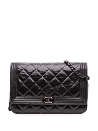 Pre-owned Chanel 2014 Quilted Shiny Aged Calfskin Boy Wallet On Chain Crossbody Bag In Black