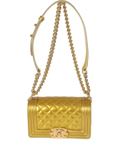 Pre-owned Chanel 2014 Small Boy Quilted-leather Shoulder Bag In Gold