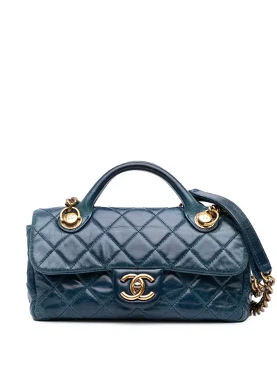 Pre-owned Chanel 2014 Small Glazed Calfskin Castle Rock Top Handle Flap Satchel In Blue