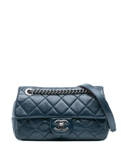 Pre-owned Chanel 2014 Small Glazed Calfskin Duo Color Flap Crossbody Bag In Blue