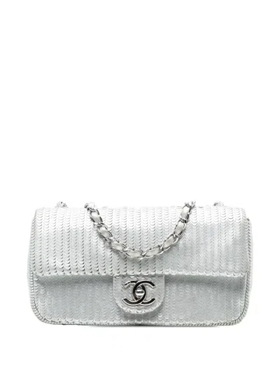 Pre-owned Chanel 2014 Small Metallic Lambskin Laser Cut Flap Shoulder Bag In Silver