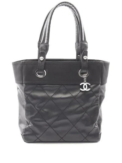 Pre-owned Chanel 2014 Small Quilted Coated Canvas Paris Biarritz Tote Bag In Black
