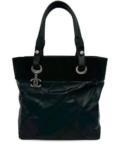 Pre-owned Chanel 2014 Small Quilted Coated Canvas Paris Biarritz Tote Bag In Black