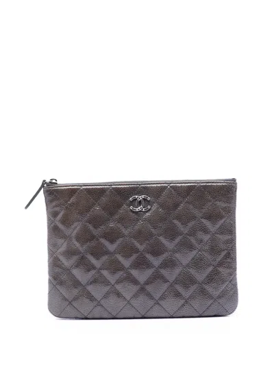 Pre-owned Chanel 2014 Small Quilted Crinkled Patent O Case Clutch Bag In Gray