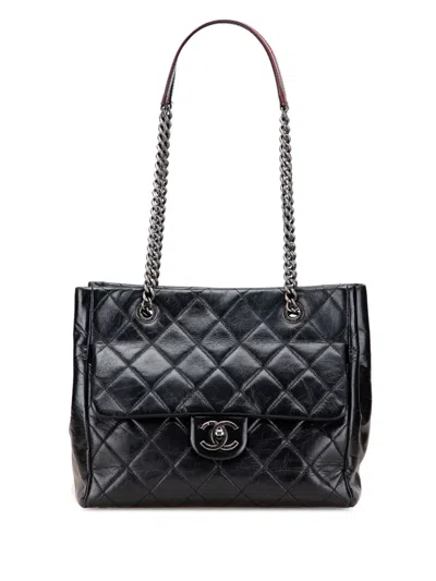 Pre-owned Chanel 2014 Small Quilted Glazed Calfskin Duo Color Tote Bag In Black