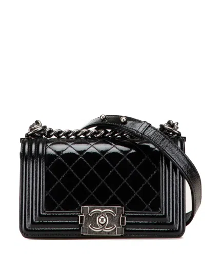 Pre-owned Chanel 2014 Small Quilted Patent Boy Flap Crossbody Bag In Black