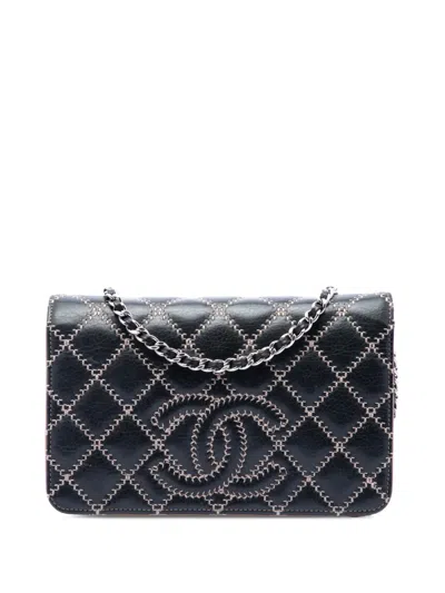 Pre-owned Chanel 2014 Stitched Cc Quilted Calfskin Wallet On Chain Crossbody Bag In Black