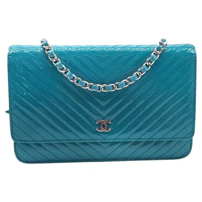 Pre-owned Chanel 2014 Teal Patent Chevron Wallet On Chain Woc For Women, Italy In Green