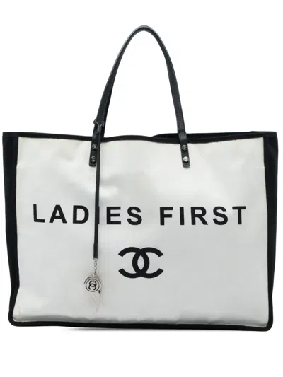Pre-owned Chanel 2014-2015 Bicolor Canvas Ladies First Shopping Tote Travel Bag In Black