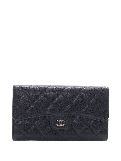 Pre-owned Chanel 2014-2015 Cc Caviar Classic Flap Wallet Long Wallets In Black