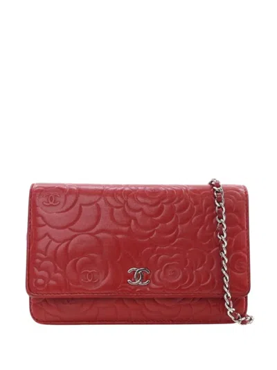 Pre-owned Chanel 2014-2015 Cc Embossed Lambskin Camellia Wallet On Chain Crossbody Bag In Red