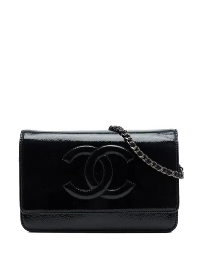 Pre-owned Chanel 2014-2015 Cc Patent Caviar Wallet On Chain Crossbody Bag In Black