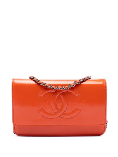 Pre-owned Chanel 2014-2015 Cc Patent Caviar Wallet On Chain Crossbody Bag In Orange