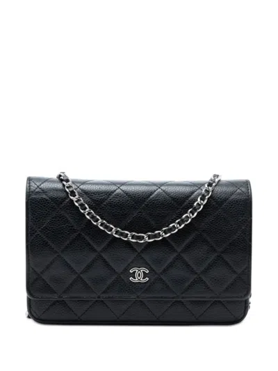 Pre-owned Chanel 2014-2015 Cc Quilted Caviar Wallet On Chain Crossbody Bag In Black