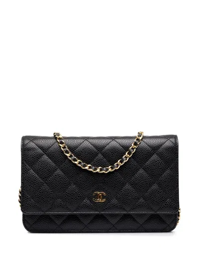 Pre-owned Chanel 2014-2015 Cc Quilted Caviar Wallet On Chain Crossbody Bag In Black