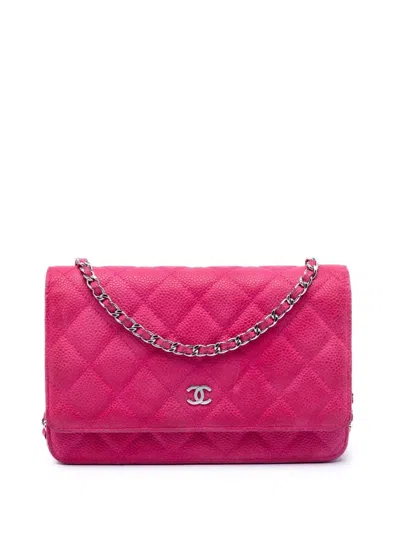 Pre-owned Chanel 2014-2015 Cc Quilted Caviar Wallet On Chain Crossbody Bag In Pink