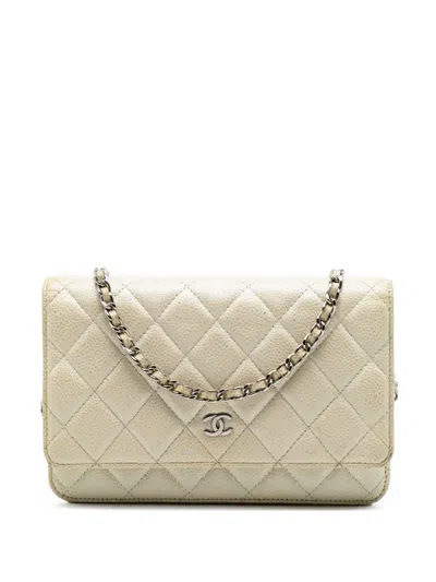 Pre-owned Chanel 2014-2015 Cc Quilted Caviar Wallet On Chain Crossbody Bag In Yellow