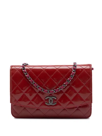 Pre-owned Chanel 2014-2015 Cc Quilted Patent Brilliant Wallet On Chain Crossbody Bag In Pink