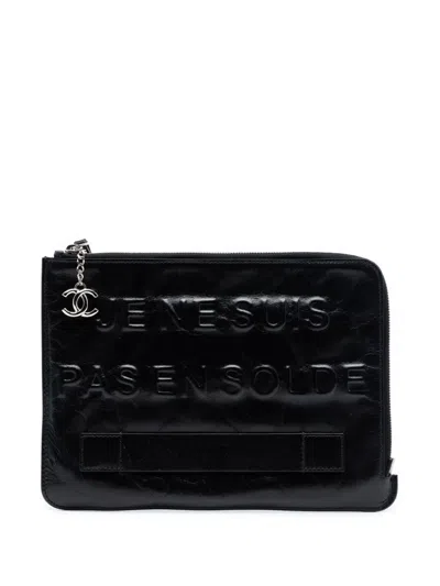Pre-owned Chanel 2014-2015 Distressed Calfskin Je Ne Suis Pas En Solde Clutch Bag In Black
