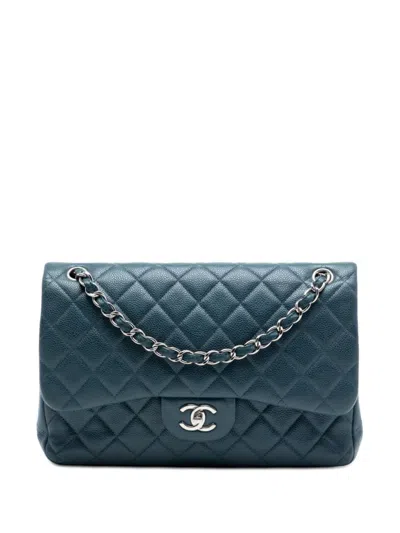 Pre-owned Chanel 2014-2015 Jumbo Classic Caviar Double Flap Shoulder Bag In Blue