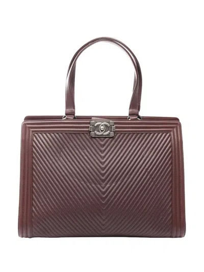 Pre-owned Chanel 2014-2015 Large Chevron Lambskin Boy Shopping Tote Bag In Red