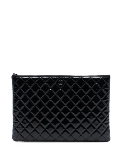 Pre-owned Chanel 2014-2015 Large Quilted Patent O Case Clutch Bag In Black