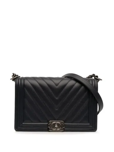 Pre-owned Chanel 2014-2015 Medium Chevron Lambskin Boy Flap Crossbody Bag In Black
