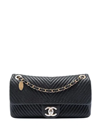 Pre-owned Chanel 2014-2015 Medium Chevron Wrinkled Calfskin Medallion Charm Flap Shoulder Bag In Black