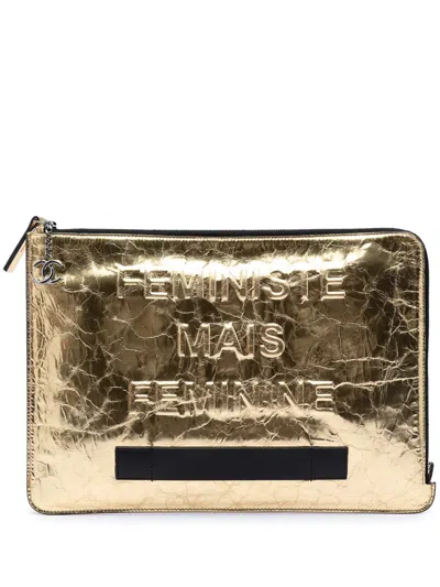 Pre-owned Chanel 2014-2015 Metallic Crinkled Calfskin Feministe Mais Feminine Pouch Clutch Bag In Gold