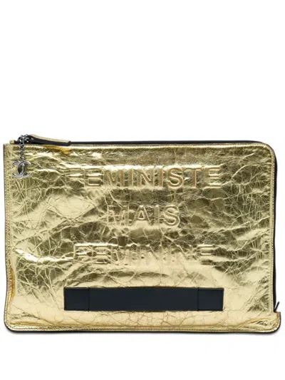 Pre-owned Chanel 2014-2015 Metallic Crinkled Calfskin Feministe Mais Feminine Pouch Clutch Bag In Gold