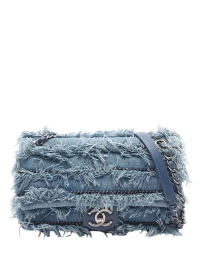 Pre-owned Chanel 2014-2015 Mini Paris-dubai Denim Fringe Single Flap Shoulder Bag In Blue