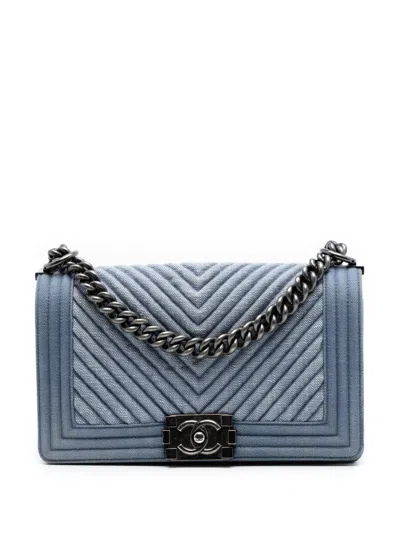 Pre-owned Chanel 2014-2015 Old Medium Chevron Denim Boy Flap Crossbody Bag In Blue