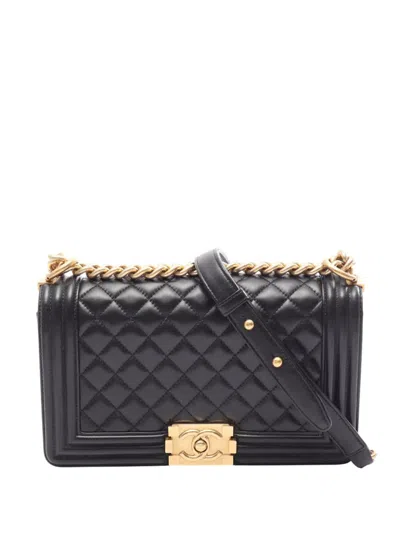 Pre-owned Chanel 2014-2015 Old Medium Quilted Lambskin Boy Flap Crossbody Bag In Black