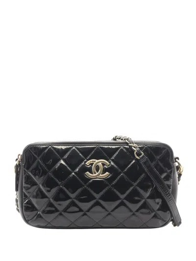 Pre-owned Chanel 2014-2015 Patent Cc Crown Double Zip Crossbody Bag In Black