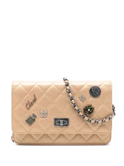 Pre-owned Chanel 2014-2015 Quilted Aged Calfskin Reissue 2.55 Lucky Charms Wallet On Chain Crossbody Bag In Neutrals