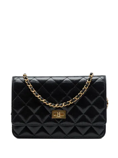 Pre-owned Chanel 2014-2015 Quilted Aged Calfskin Reissue 2.55 Wallet On Chain Crossbody Bag In Black