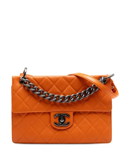 Pre-owned Chanel 2014-2015 Quilted Caviar Retro Class Flap Satchel In Orange