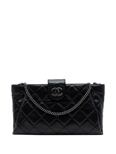 Pre-owned Chanel 2014-2015 Quilted Glazed Calfskin Coco Pleats Chain Clutch Crossbody Bag In Black