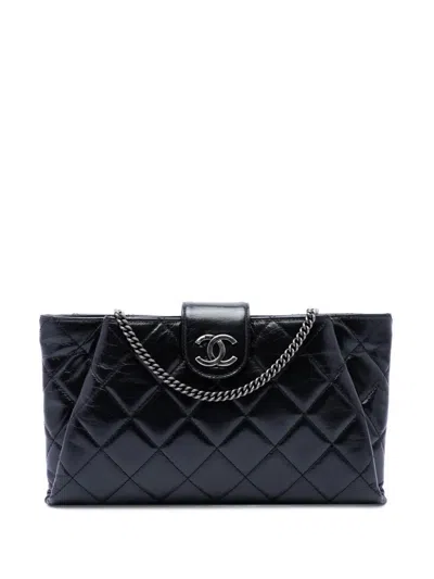 Pre-owned Chanel 2014-2015 Quilted Glazed Calfskin Coco Pleats Chain Clutch Crossbody Bag In Black