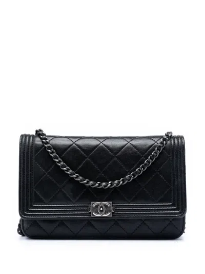Pre-owned Chanel 2014-2015 Quilted Lambskin Boy Wallet On Chain Crossbody Bag In Black