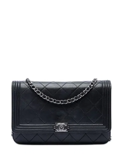 Pre-owned Chanel 2014-2015 Quilted Lambskin Boy Wallet On Chain Crossbody Bag In Black