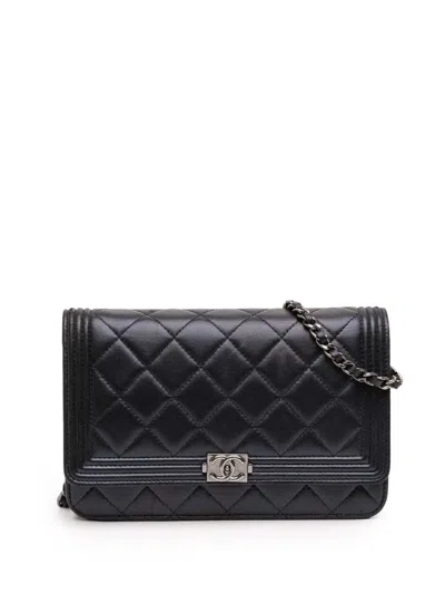 Pre-owned Chanel 2014-2015 Quilted Lambskin Boy Wallet On Chain Crossbody Bag In Blue