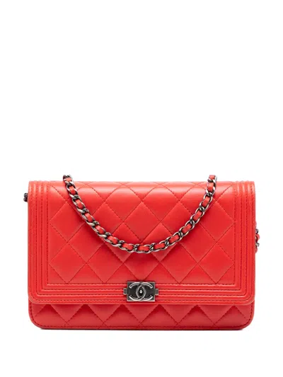 Pre-owned Chanel 2014-2015 Quilted Lambskin Boy Wallet On Chain Crossbody Bag In Red