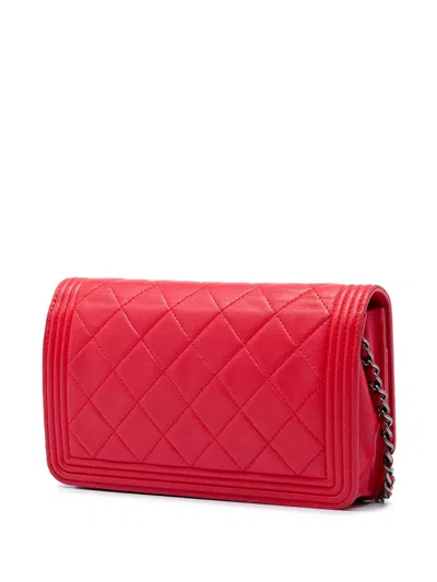Pre-owned Chanel 2014-2015 Quilted Lambskin Boy Wallet On Chain Crossbody Bag In Red