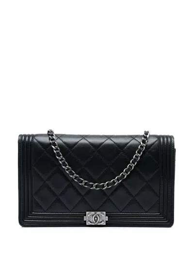 Pre-owned Chanel 2014-2015 Quilted Lambskin Boy Wallet On Chain Shoulder Bag In Black