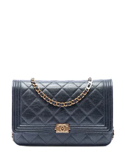 Pre-owned Chanel 2014-2015 Quilted Metallic Calfskin Boy Wallet On Chain Crossbody Bag In Black