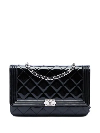 Pre-owned Chanel 2014-2015 Quilted Patent Boy Wallet On Chain Crossbody Bag In Black
