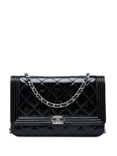 Pre-owned Chanel 2014-2015 Quilted Patent Boy Wallet On Chain Crossbody Bag In Black
