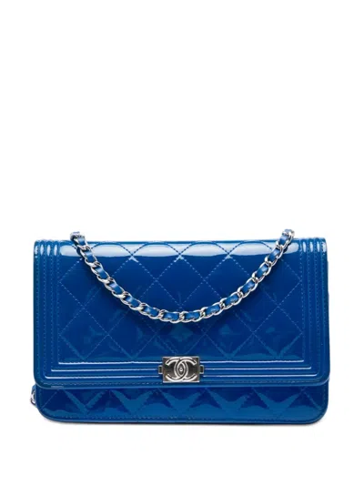 Pre-owned Chanel 2014-2015 Quilted Patent Boy Wallet On Chain Crossbody Bag In Blue